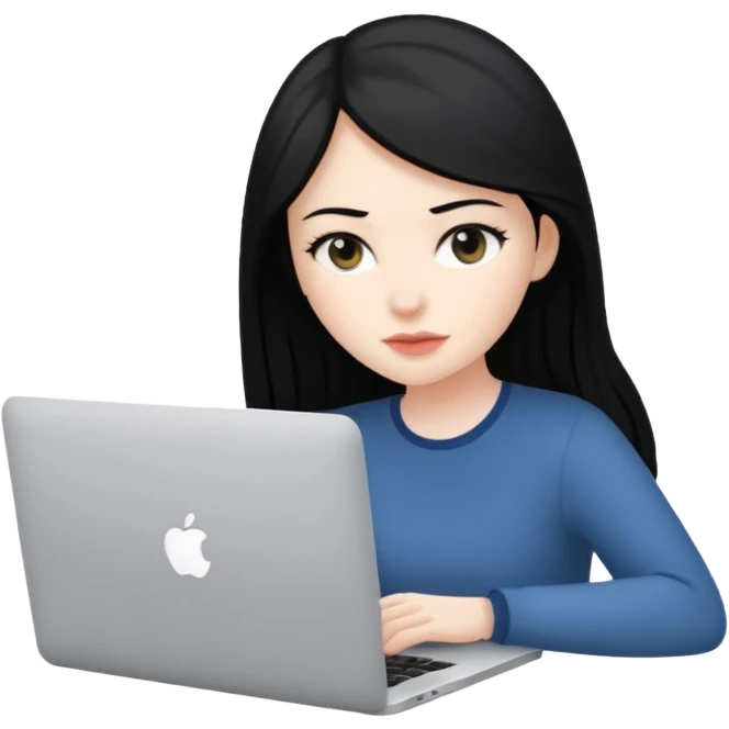 White girl, straight black hair working on macbook emoji