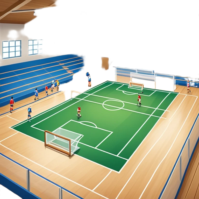 A mini-football match in an indoor sports hall with a wooden floor and clear court markings. The scene captures players in action, with the ball moving towards the goal, and the surrounding bleachers and overhead lights adding to the atmosphere of a competitive game. emoji