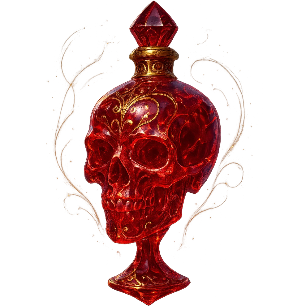 crystal luxurious skull-shaped elixir bottle, red color, barely visible golden collar, lots of glowing, edges, ornaments, golden details, magical effects, transparent background, beautiful connected bottom, clearly floating in air, no base or shadow, very luxurious, matches a collection emoji