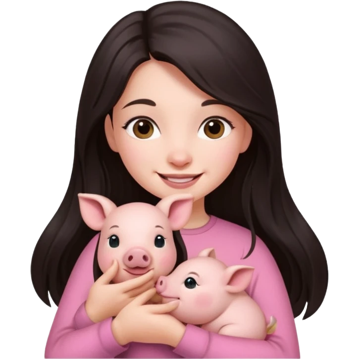 Ragazza bellissima capelli lunghi scuri con piccolo maialino emoji