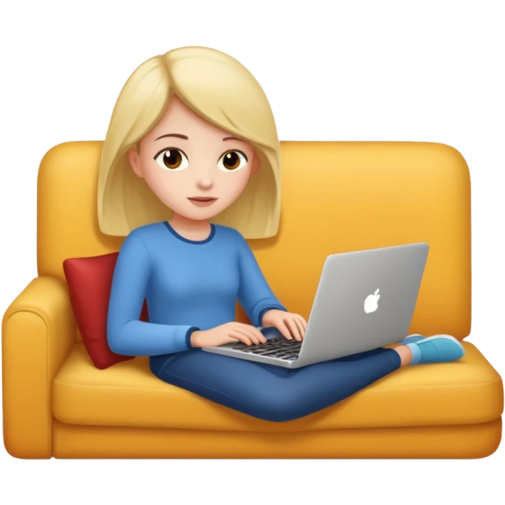 A girl is working with a laptop while lying on the sofa emoji