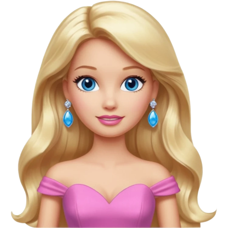 barbie, long blonde hair, pink dress, with blue eyes,different dress,ear rings, jewelary. emoji
