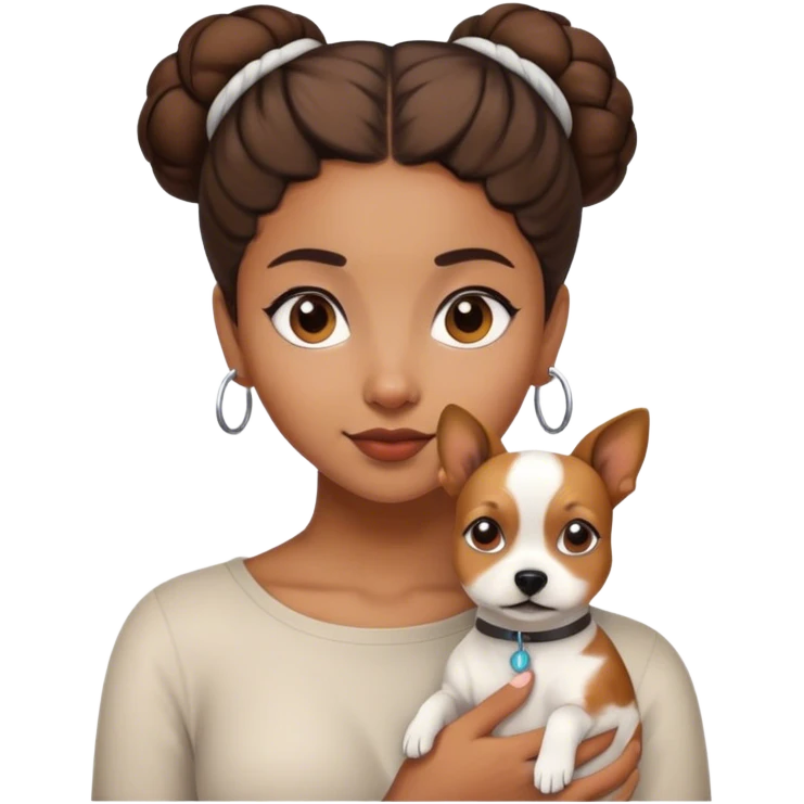 sort, 30 year old, brown girl, back Bun (one) hairstyle, with a bug white brown dog emoji