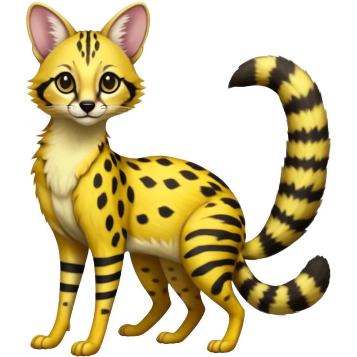 Lanky slender beautiful elegant spotted hype-realistic, black-maned, vibrant yellow Genet-Serval-Civet-fusion-hybrid-furry-fursona, full body, with a long puffy fluffy black-and-white-striped tail emoji