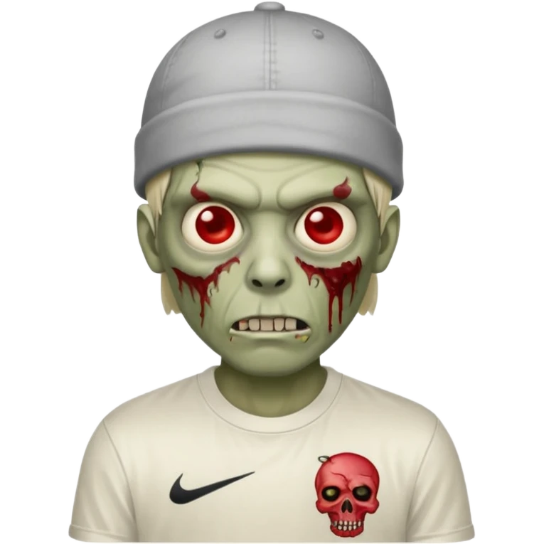 a zombie with the edgar hair cut chrome hearts shirt, one red eye and a nike skully on his head emoji