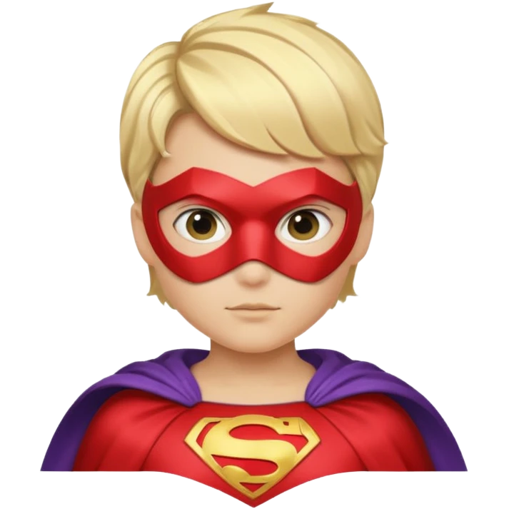 Súper heroína con antifaz, pelo corto rubio, traje de superhéroe con capa. Que se vea hasta los hombros emoji