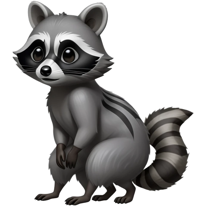 Cinematic-Raccoon-Realistic-Full-Body-Standingon all fours-Emoji – Tail flicking lazily, head tilted dramatically, thick grey fur with a signature black mask, sharp and alert ears, simplified yet realistic focused features, highly detailed, glowing with an almost sarcastic glow. emoji