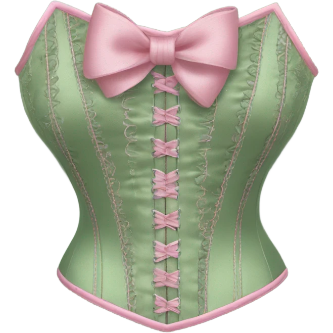 Sage green corset with flower embroidery and pink bows, isolated emoji