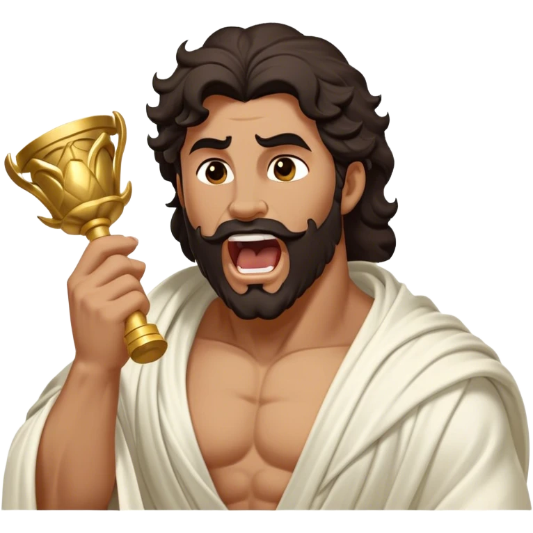 Cinematic Realistic Hercules Portrait, head tilted slightly with a dramatic, wide-open yawn, revealing a moment of relaxed, unguarded strength. His bronze, sculptural skin and thick, wavy dark hair retain their classical beauty even in repose. Draped in a gracefully flowing white robe with subtle golden details, the portrait is bathed in soft natural lighting, capturing a tender glimpse of vulnerability from a timeless Greek hero. emoji