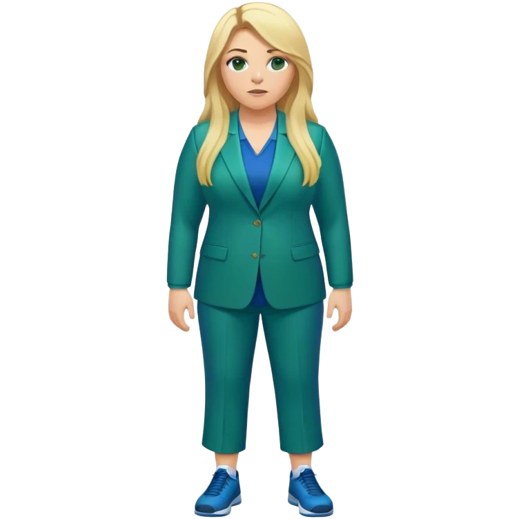 Full Body white plus size female basketball head coach with long blonde hair in a blue and green suit emoji