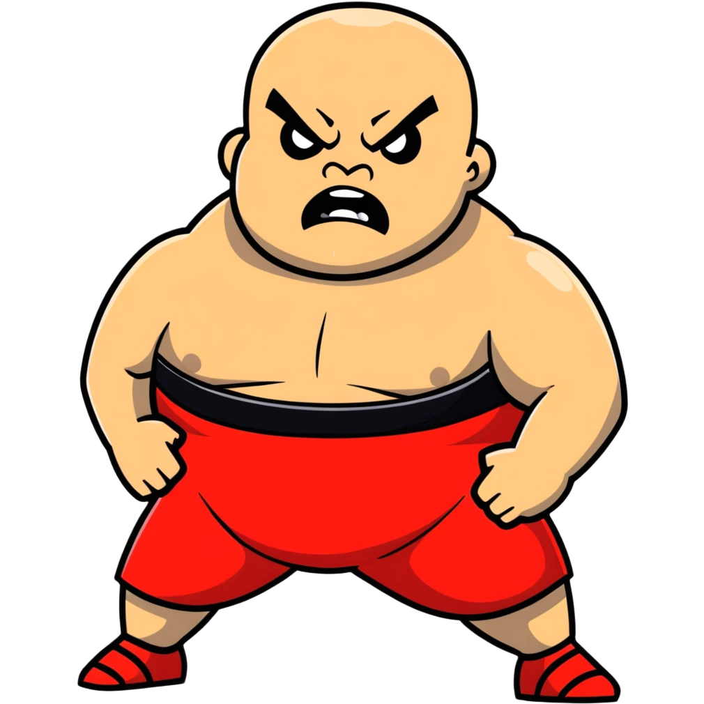 Close-up of white skin fat guy no muscle with prominent black durag, completely shaved face, no beard or mustache, black eyes in a red and black wrestling singlet with angry face emoji