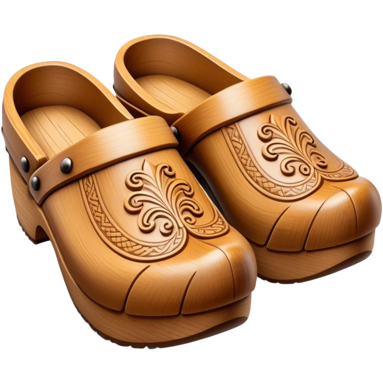 Cinematic Realistic Wooden Clogs Emoji, depicted as a pair of traditionally carved wooden clogs with intricate details and rustic charm. emoji