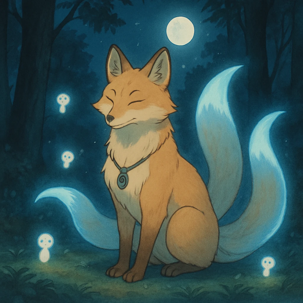 A wise fox spirit companion with three tails that glow with soft blue light, wearing a small necklace with ancient runes, sitting gracefully in a moonlit forest clearing with tiny spirits floating around it emoji