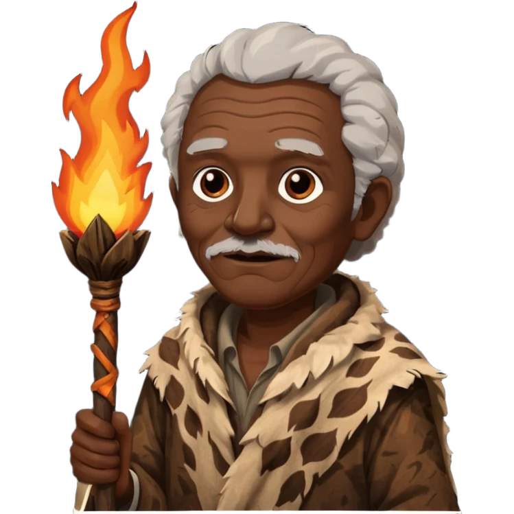 ancient africa old man, tattered animal skin cloth, hold fire stick emoji