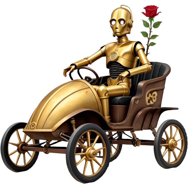 Old American West tarnished C-3PO bounty hunter 1854 delicately ornate rosegold accents painted dune buggy buckboard wagon powered by electric motors and batteries with safety features and belts flying rapidly across rough dusty terrain stable on strong agile futuresteampunk suspension and steering  emoji