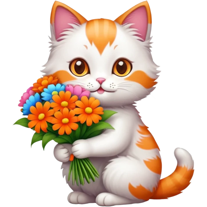 cute cat holding a bouquet of flowers for Mother's Day emoji