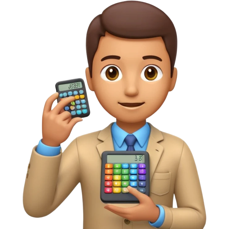 3D iPhone style emoji of a person using a calculator, finger pressing colorful buttons, digital display showing numbers, isolated on white background, soft shadows, high detail, playful and cute. emoji