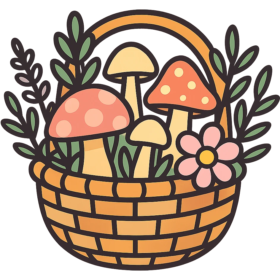 basket full of forest goodies including mushrooms, herbs, flowers in soft pastel colors, vibrant toon style emoji