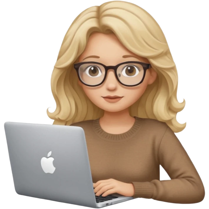 upper body view: blonde girl with dark blonde wavy hair, wearing pantos-style glasses and a brown sweater, sitting with a laptop, flat vector design, soft pastel colors, white background, Apple emoji style, upper body shot emoji