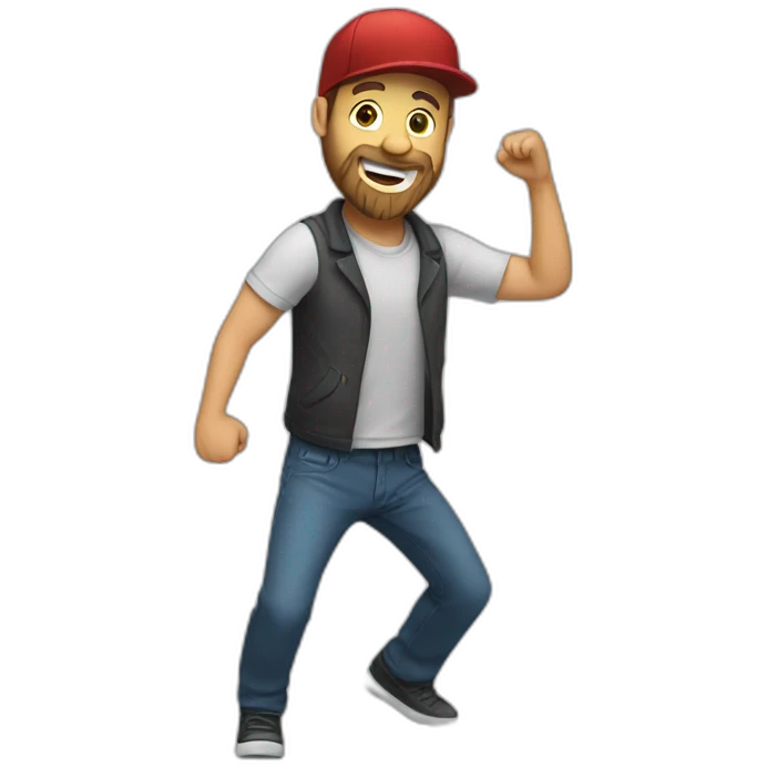 white man with beard and cap dancing emoji