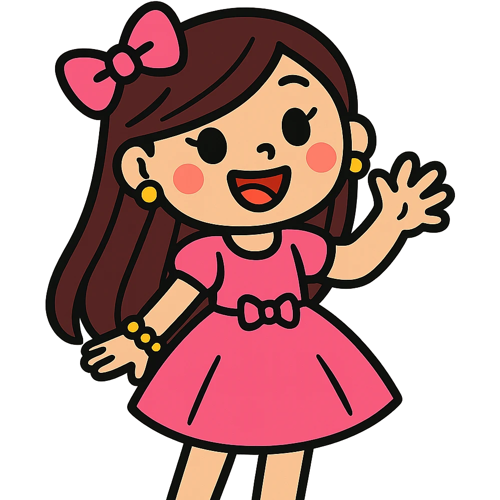 girly girl wearing a pink dress with long hair, cheerful expression, cute accessories, vibrant toon style emoji