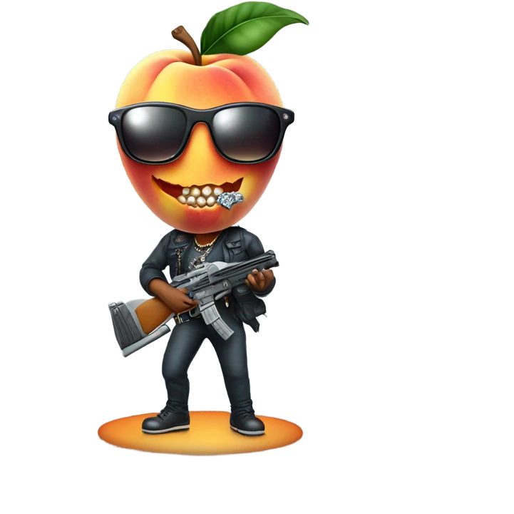 Humanoid Peach, wearing sunglasses holding gun, with diamond teeth emoji
