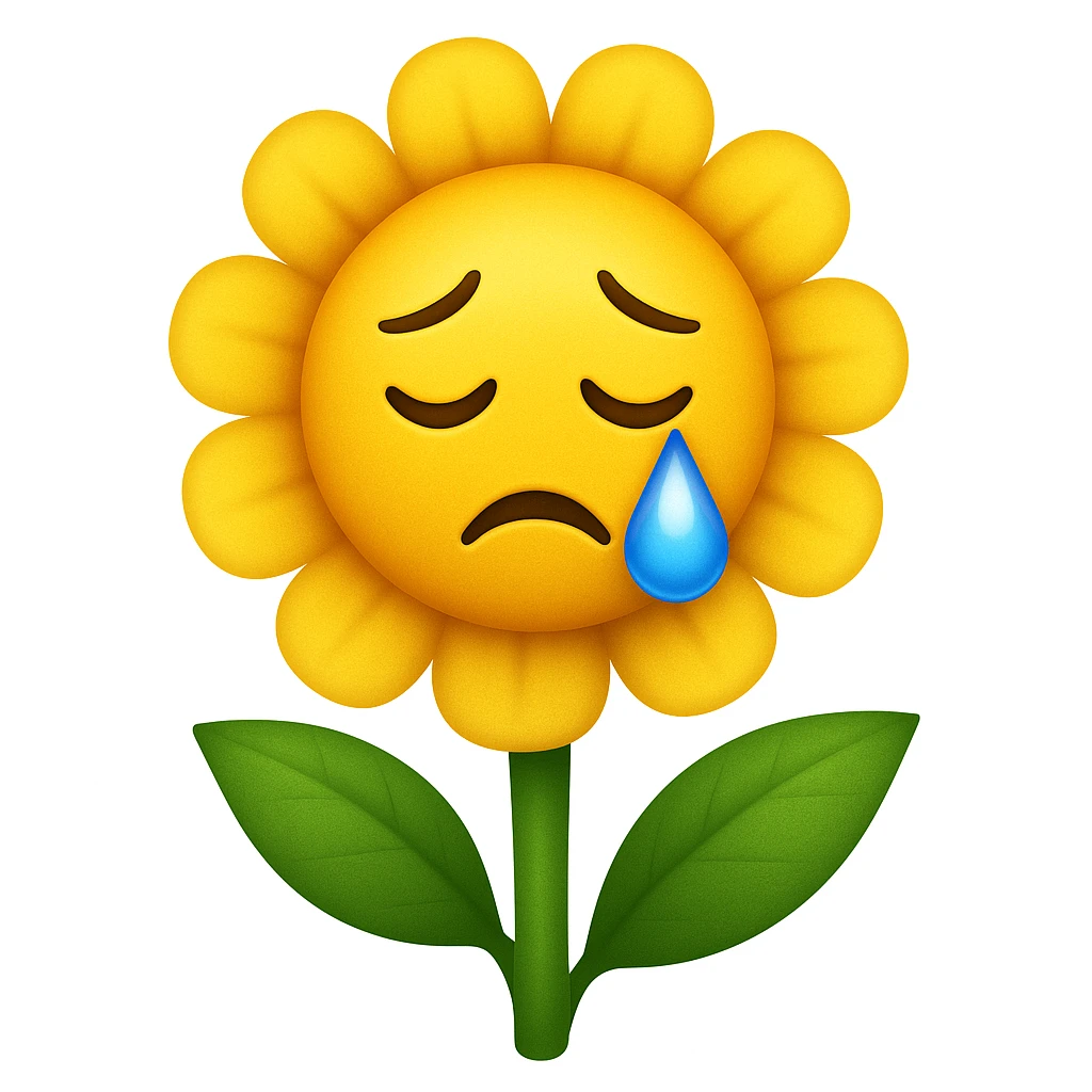 Make the sad flower with a teardrop in the style of apple style emojis emoji