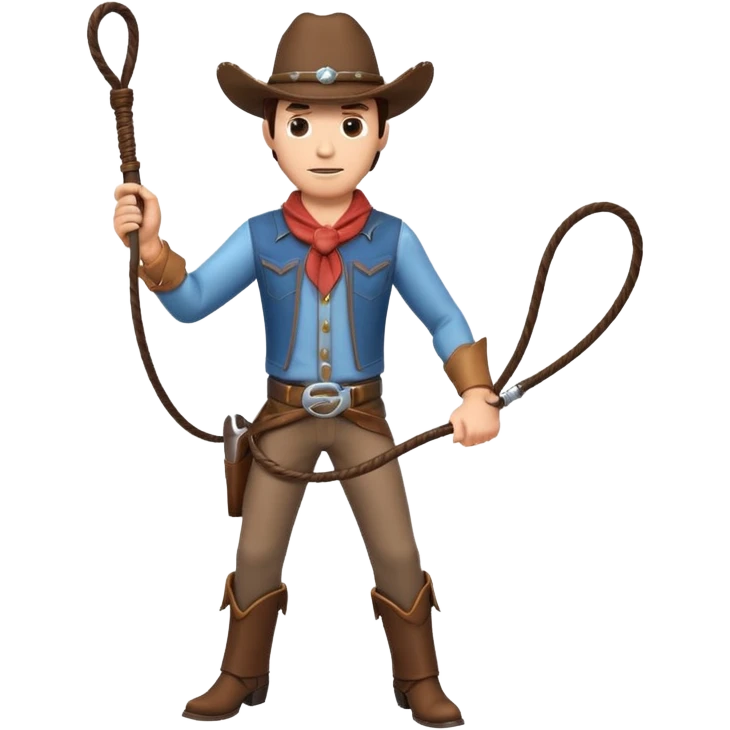 cowboy man holding a whip, dynamic pose, western outfit, adventure vibe, 3D cartoon, mobile game icon style, clean background, no text, no watermark
 emoji
