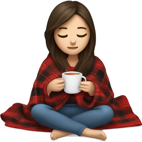 A brunette tween who has the stomach flu and is resting wrapped in a plaid blanket with a hot cup of tea emoji