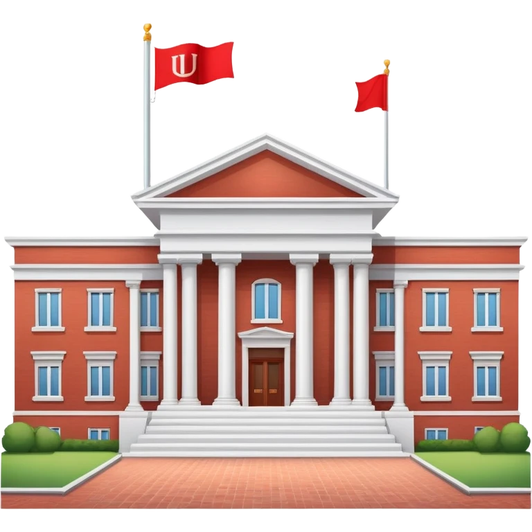 A flat cartoon-style university building with columns and a small flag on top. Red brick, symmetrical, clean design, white background, iOS emoji aesthetic. emoji