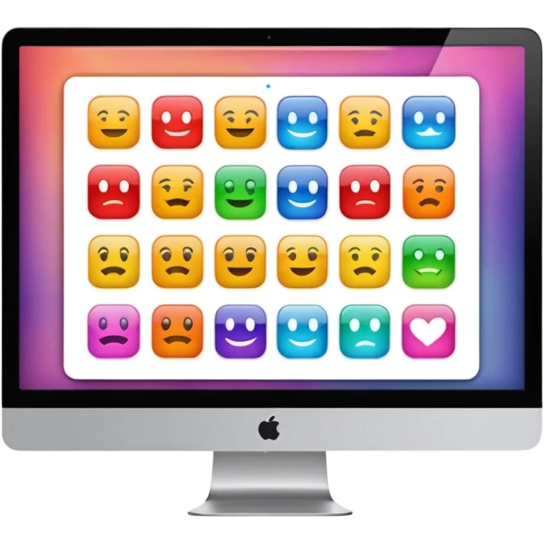 Emoji style simplified iMac screen displaying app icons in grid emoji