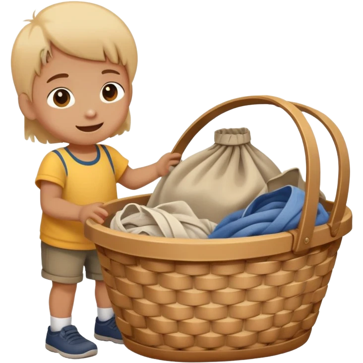 child dropping dirty clothes into a basket, cheerful and responsible emoji
