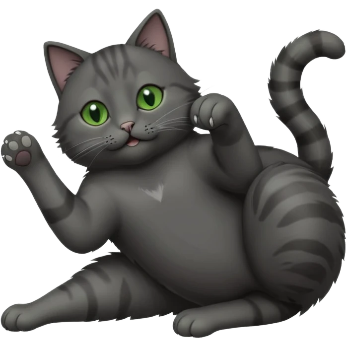 solid dark grey cat with green eyes, completely solid grey face, white toes/paws playing rolling upside down emoji