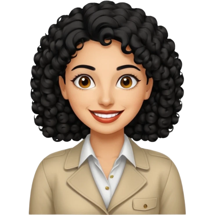30 year old iranian woman very short curly black hair, big brown eyes, tanned skin, big smile, white teeth, pretty, stylish emoji