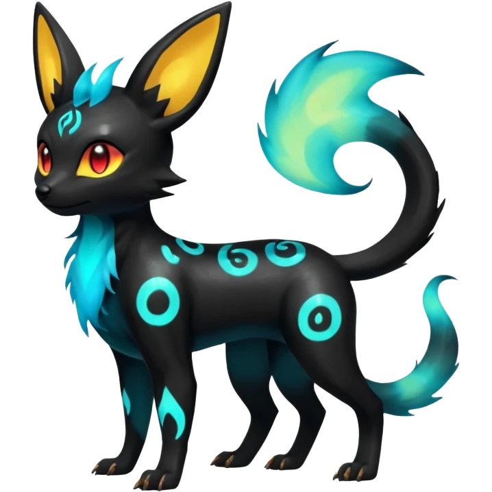 Shiny Fiery Dark Glowing Ethereal Eldritch Cool Edgy Badass Punky Aural Iridescent Fluorescent Bioluminescent Umbreon-Amaura-Salandit-Litten-Flareon-Fakémon-fusion (full body) with pattern markings emoji