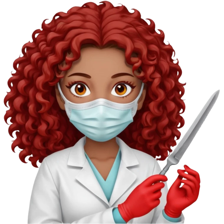 Scary woman scalpel in hand, evil surgeon sexy surgeon clothes.  She has red eyes. Her  brown long curly hair. Wears sexy doctor outfit with red gloves. make her hair free and brown but have mouthy  wear  mask  to hide. Wears white surgeon jacket and  has lon* brown hair. emoji