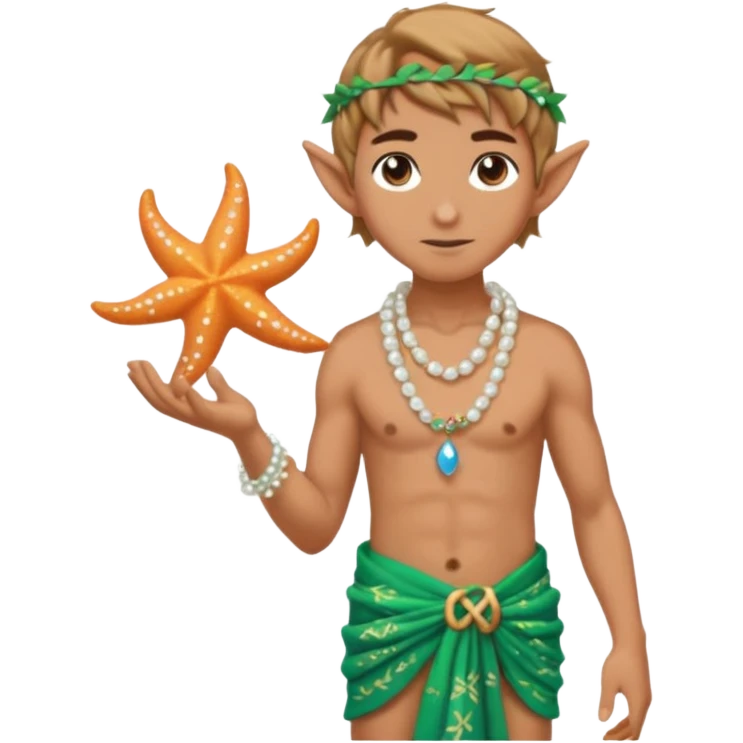 elf male Sarong with bioluminescent embroidery, armful of starfish, hair in a braid with pearl pins, pixel art style emoji