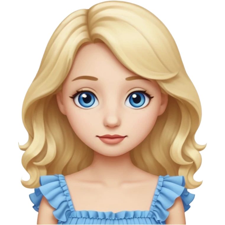 Emoji girl with slightly close-set blue eyes and eyeliner on them, a bit long nose, wide not very full lips, oval face shape, not so long blonde hair in cute light color ruffle dress emoji