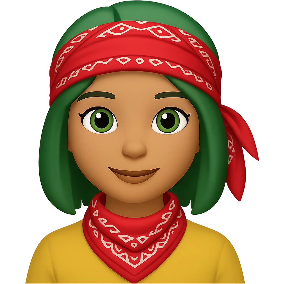 Create an image of a woman with a bandana and green hair in the style of Apple emojis, with no background. The style should mimic the look of Apple emojis. emoji