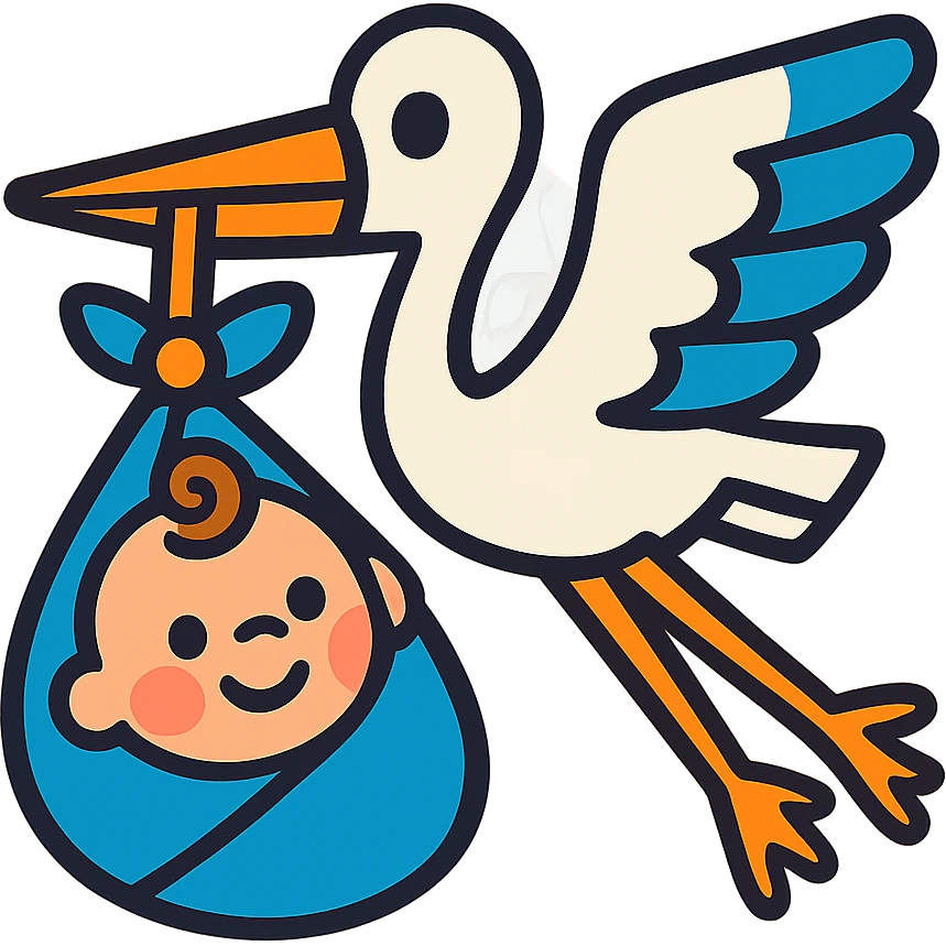 human baby in a bundle being carried by a flying stork in vibrant toon style emoji