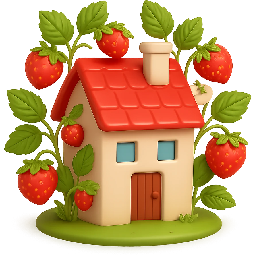 Create a 3D iOS-style illustration of a cute house with a red roof, surrounded by strawberry plants with ripe strawberries and green leaves. The scene should have soft lighting and a glossy effect. No background. Style: GPT Image. emoji
