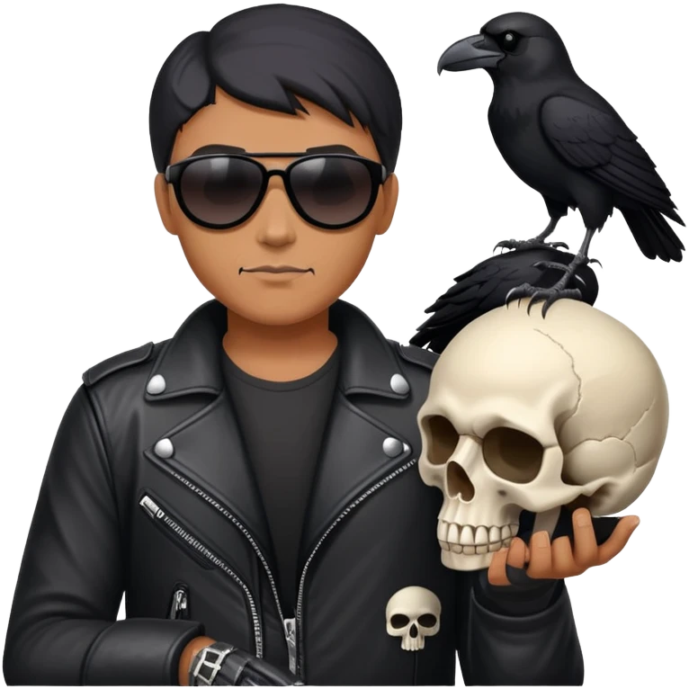 Biker wearing sunglasses holding a skull and a raven emoji