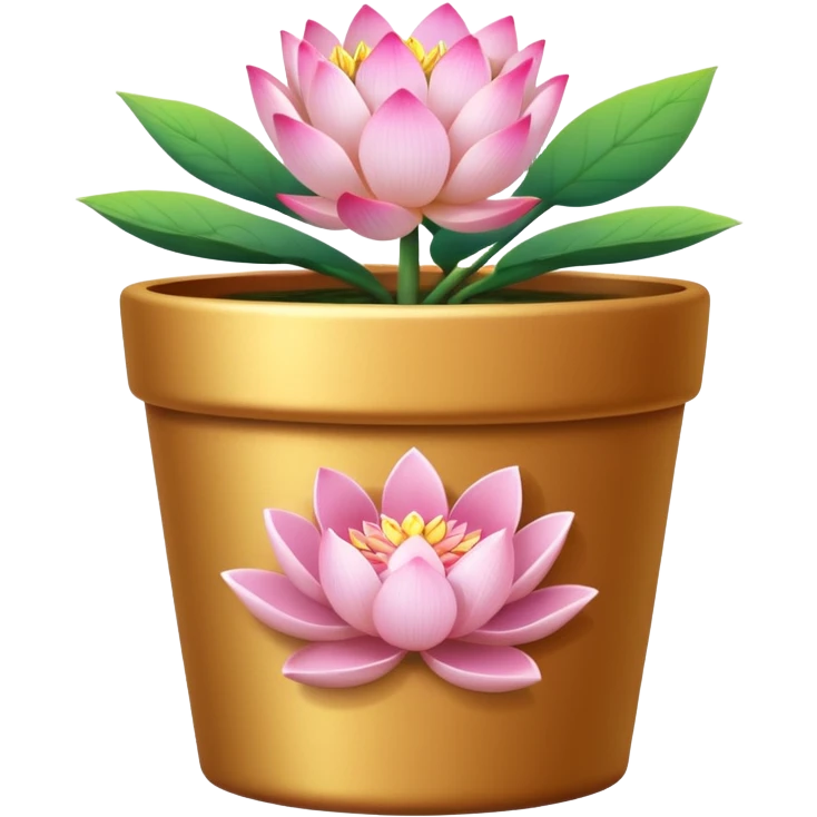 Gold-colored ceramic flower pot; it is shallow and cylindrical, and contains a lotus flower plant.
 emoji