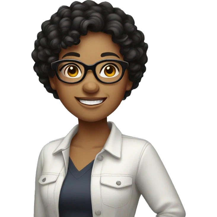 Standing girl with black curly hair, round glasses and a big smile emoji