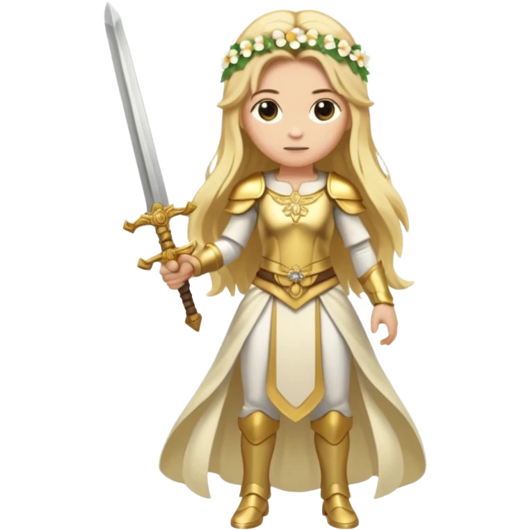 Lumine (from Genshin Impact) White and golden clothes, blonde, long-haired, with a flower in hair and with a sword (full body) emoji