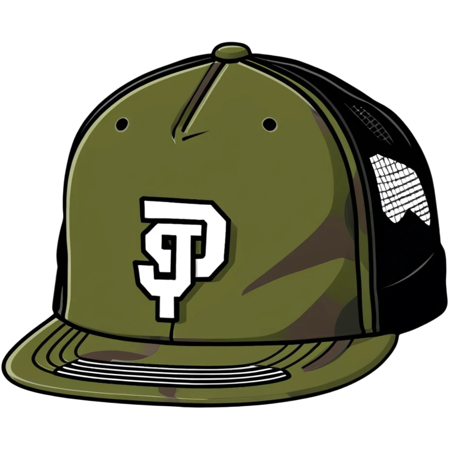 camo trucker hat with ian charms logo emoji