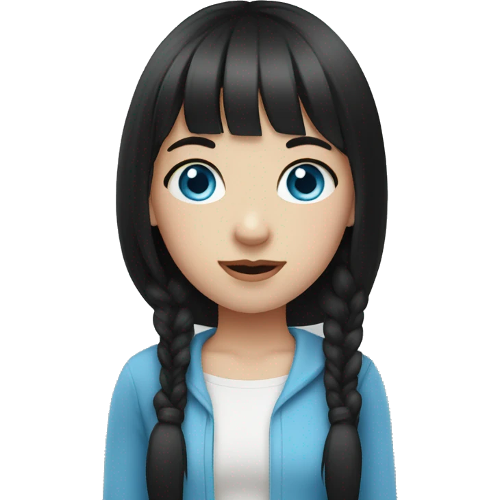 A pale girl with blue eyes. Black hair with pigtails. And bangs emoji