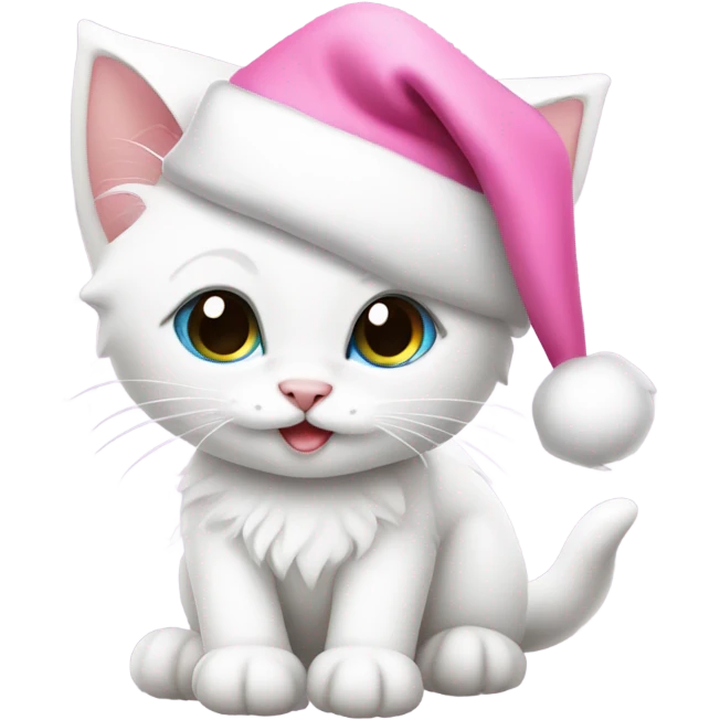 Cute White kitten wearing pink Santa hat and pink Santa clothes emoji