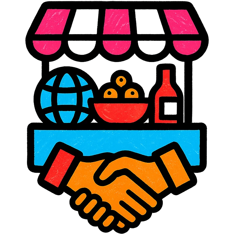 A vibrant icon of a marketplace with various international goods and a partnership symbol, using colors #1E90FF, #F13816, and #FFFFFF emoji