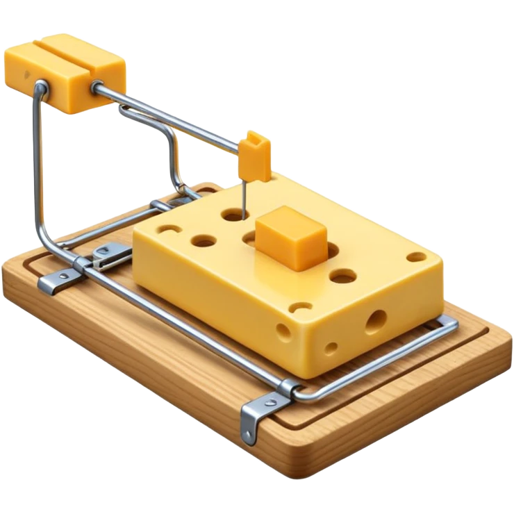 A 3D emoji in iOS emoji aesthetic style of a classic mousetrap with a wooden base and a metal spring mechanism, holding a small piece of yellow cheese, clean and detailed design, white background, glossy Apple-style rendering emoji